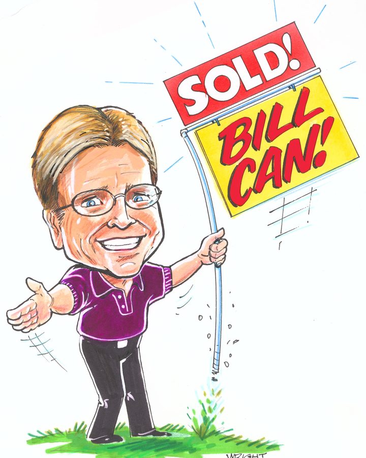 Caricature of Bill Can!trell holding a SOLD! Bill Can! sign